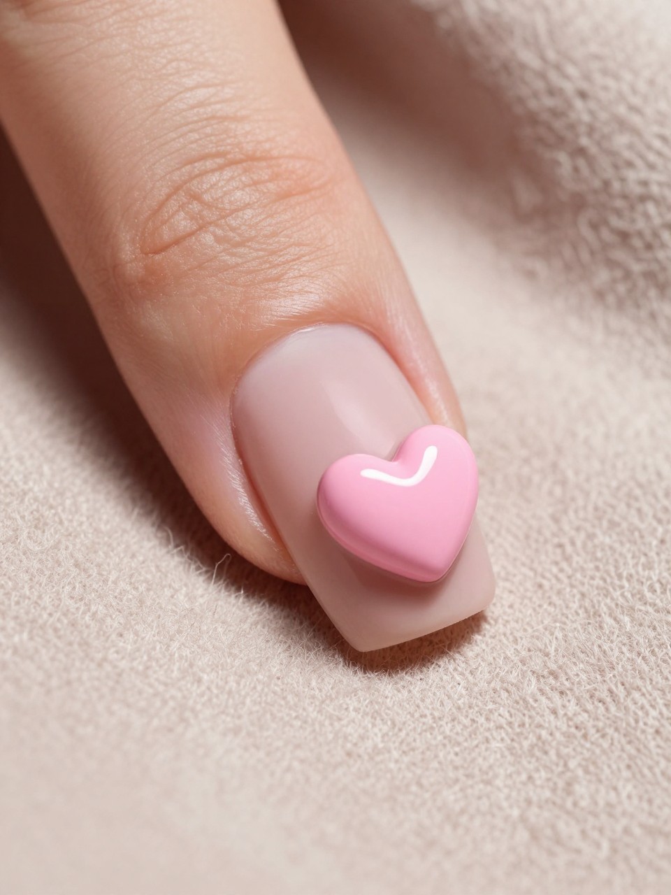 Macro, side-angle shot of a nail. The base is a soft matte blush. A small, glossy 3D pink heart charm is attached near the tip, casting a tiny shadow. The hand rests on a soft cashmere scarf.