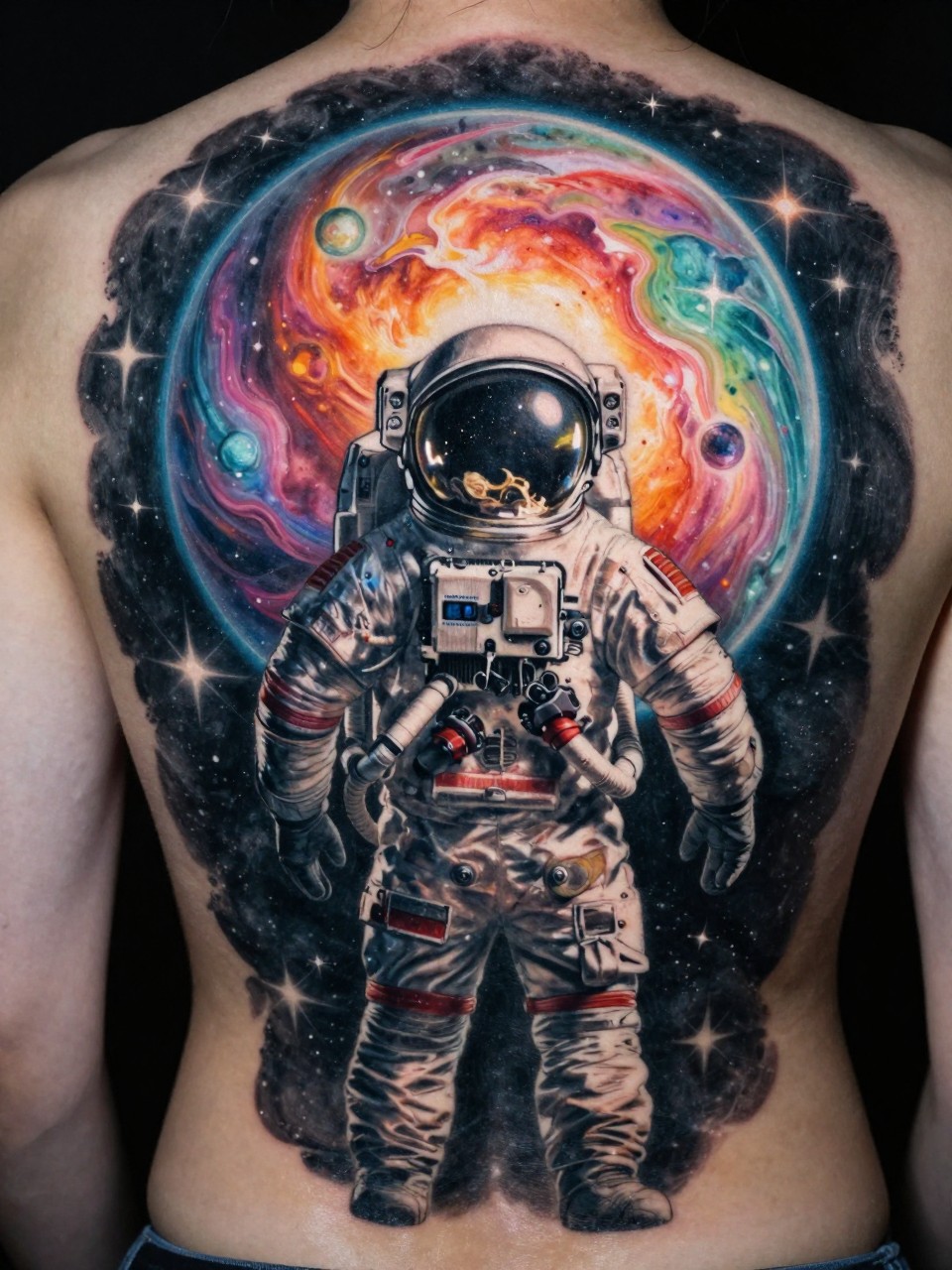 Full back scene tattoo: The back of an astronaut adrift, facing a massive, gaseous planet or a colorful nebula that covers the shoulders. Deep black background with pops of cosmic color. Helmet reflection shows stars."