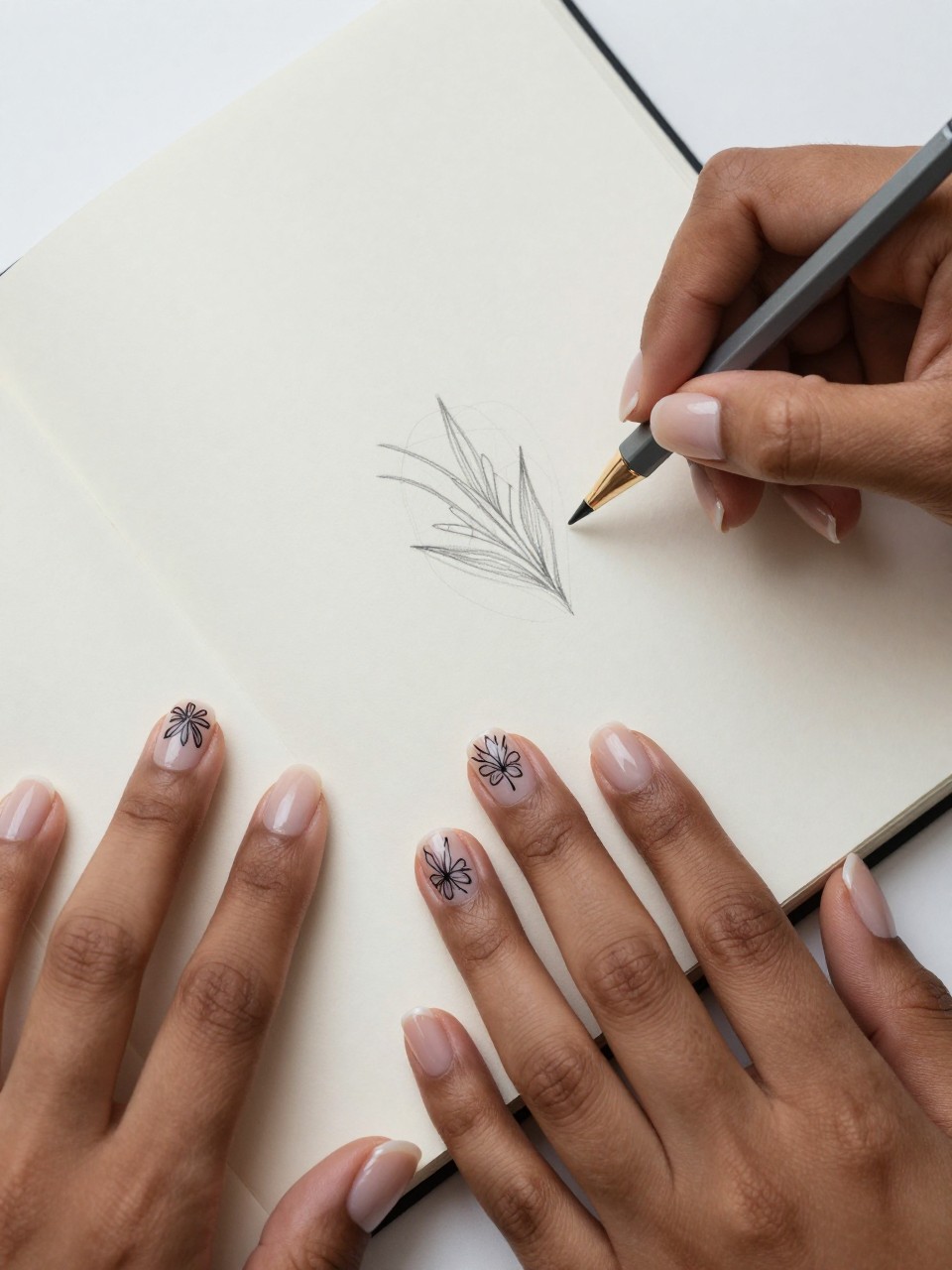 Overhead shot of black feminine hands on an open notebook with pencil sketches. The nails have a sheer nude base. A simple, fine-line black floral sketch is on each nail. The aesthetic is creative, modern, and intelligently pretty.