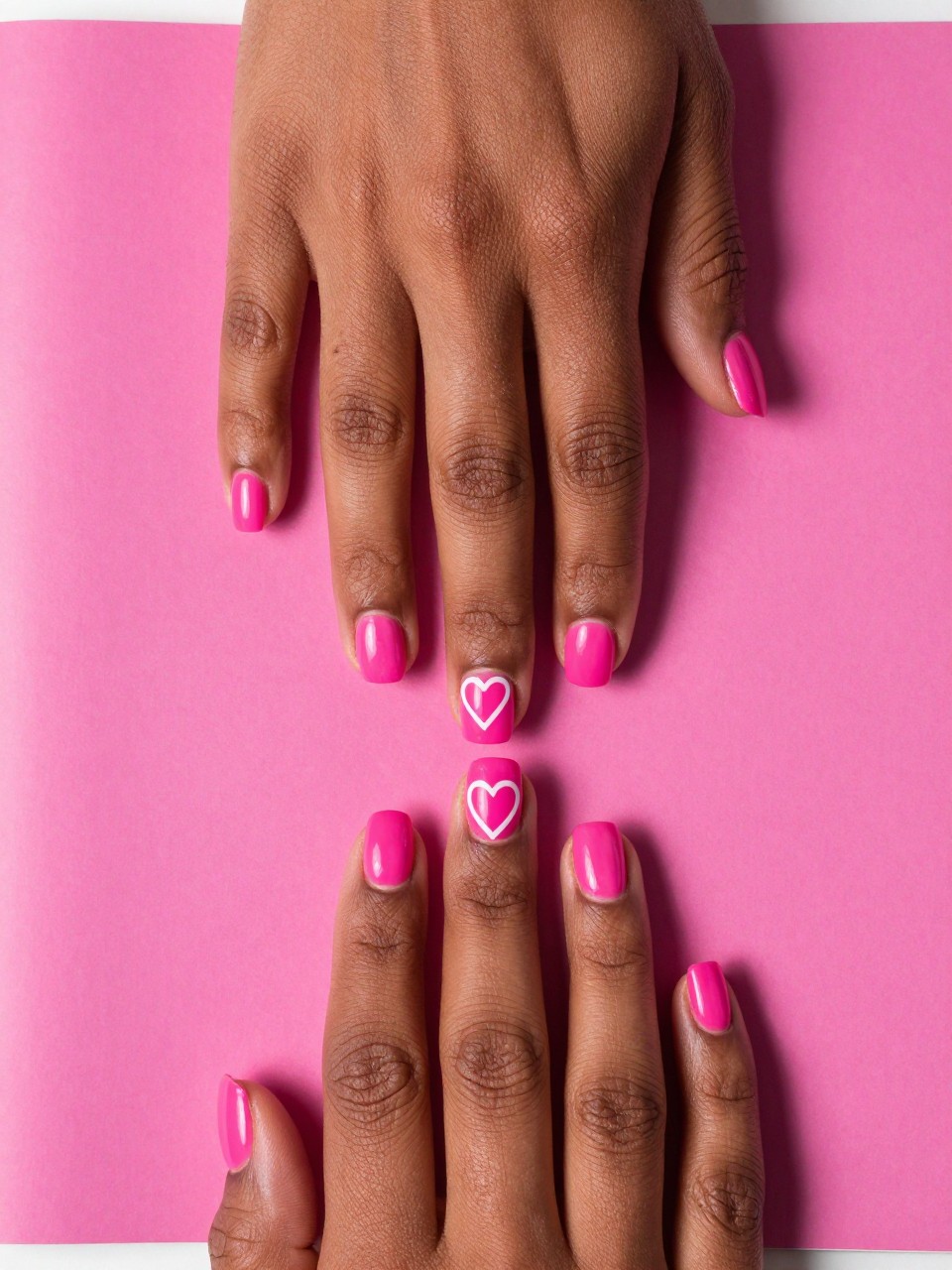 Top-down view of black feminine hands with short, squared nails on a hot pink magazine cover. The nails are glossy hot pink. A single, crisp white heart outline is centered on each nail. The composition is simple, bold, and eye-catching.