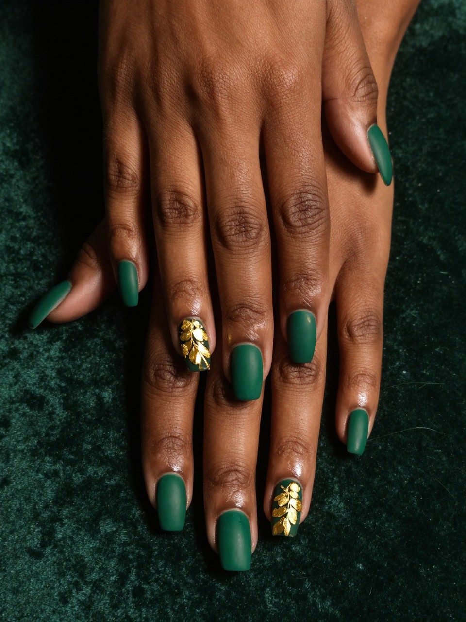 Close-up, top-down view of black feminine hands with coffin nails against a dark green velvet backdrop. The nails are a flat matte emerald. On the ring fingers, fragile gold leaf is arranged in a loose floral burst. Warm, dim lighting makes the gold gleam intensely.
