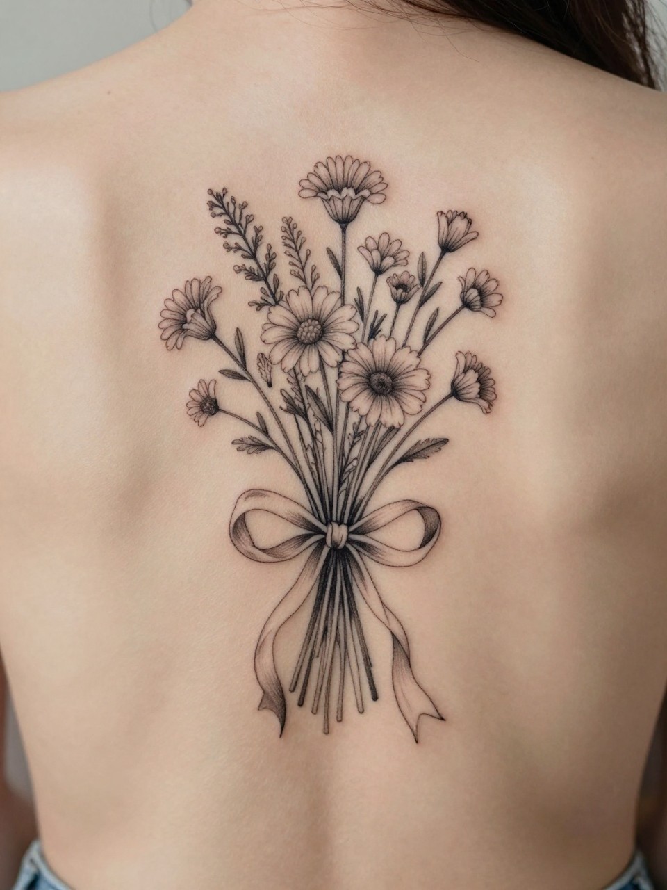 Lower to mid-back view tattoo: a bouquet of fine-line wildflowers tied with a flowing ribbon. The composition is centered, as if seen from behind. Soft illustrative style, no heavy outlines."