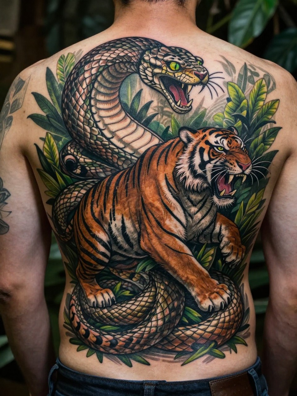 Action scene tattoo across the back: A tiger snarling, caught in the coils of a massive serpent. The snake's scales are detailed, the tiger's fur is frantic. Deep jungle foliage frames the struggle."