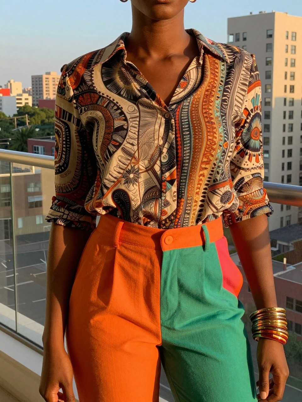 Photo of a black woman in a printed blouse and colored trousers, showing a bangle bracelet, cropped at NECK so face doesn't show, in a city apartment, evening golden hour, iPhone photo quality.