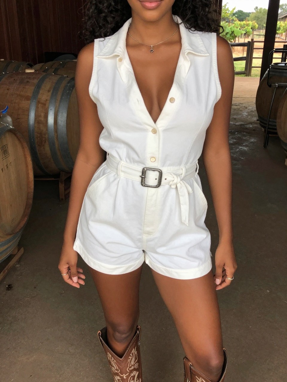 selfie of a black woman in a white romper and cowboy boots, standing at a ranch or outdoor venue, cropped at NECK so face doesn't show, at a winery, warm moody lighting, iPhone photo quality.