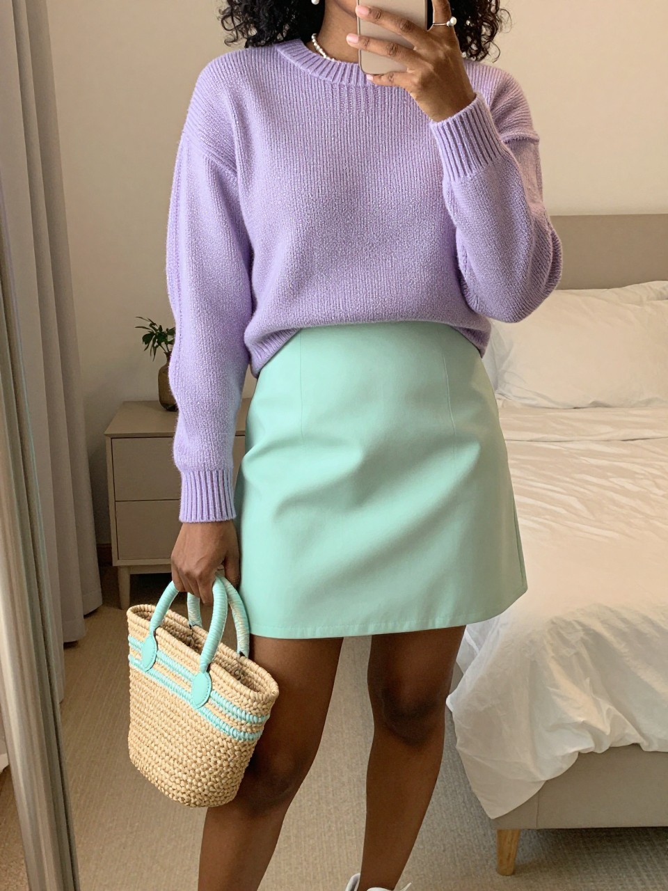 mirror selfie of a black woman wearing a soft lavender fine-knit sweater tucked into a mint green A-line mini skirt with white sneakers and pearl stud earrings, holding a straw bag with pastel accents, standing in a fresh spring pose, cropped at NECK so face doesn't show, in a feminine-themed bedroom, warm moody lighting, iPhone photo quality.