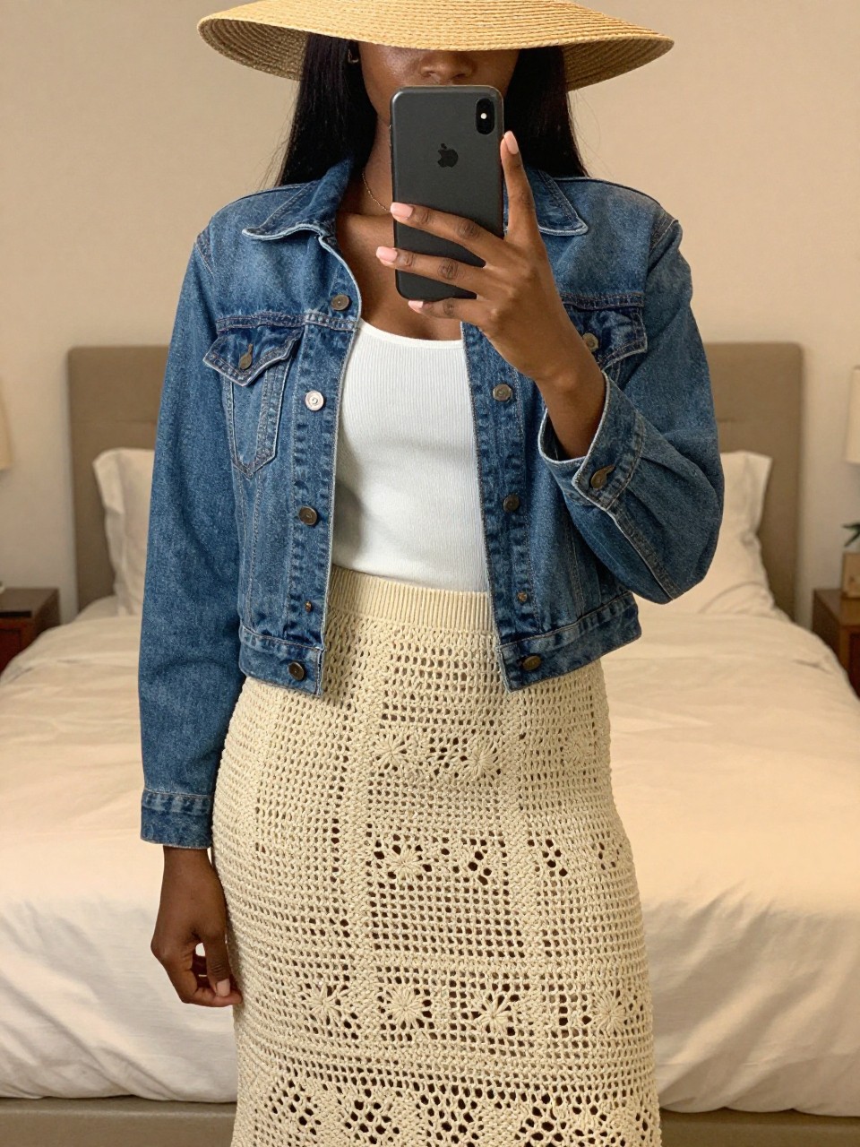 iPhone mirror selfie of a black woman wearing a blue denim jacket over a white tank top with a natural crochet midi skirt and a wide-brim straw hat, one hand holding her phone at chest level, cropped at NECK so face doesn't show, in a feminine-themed bedroom, warm moody lighting, iPhone photo quality.