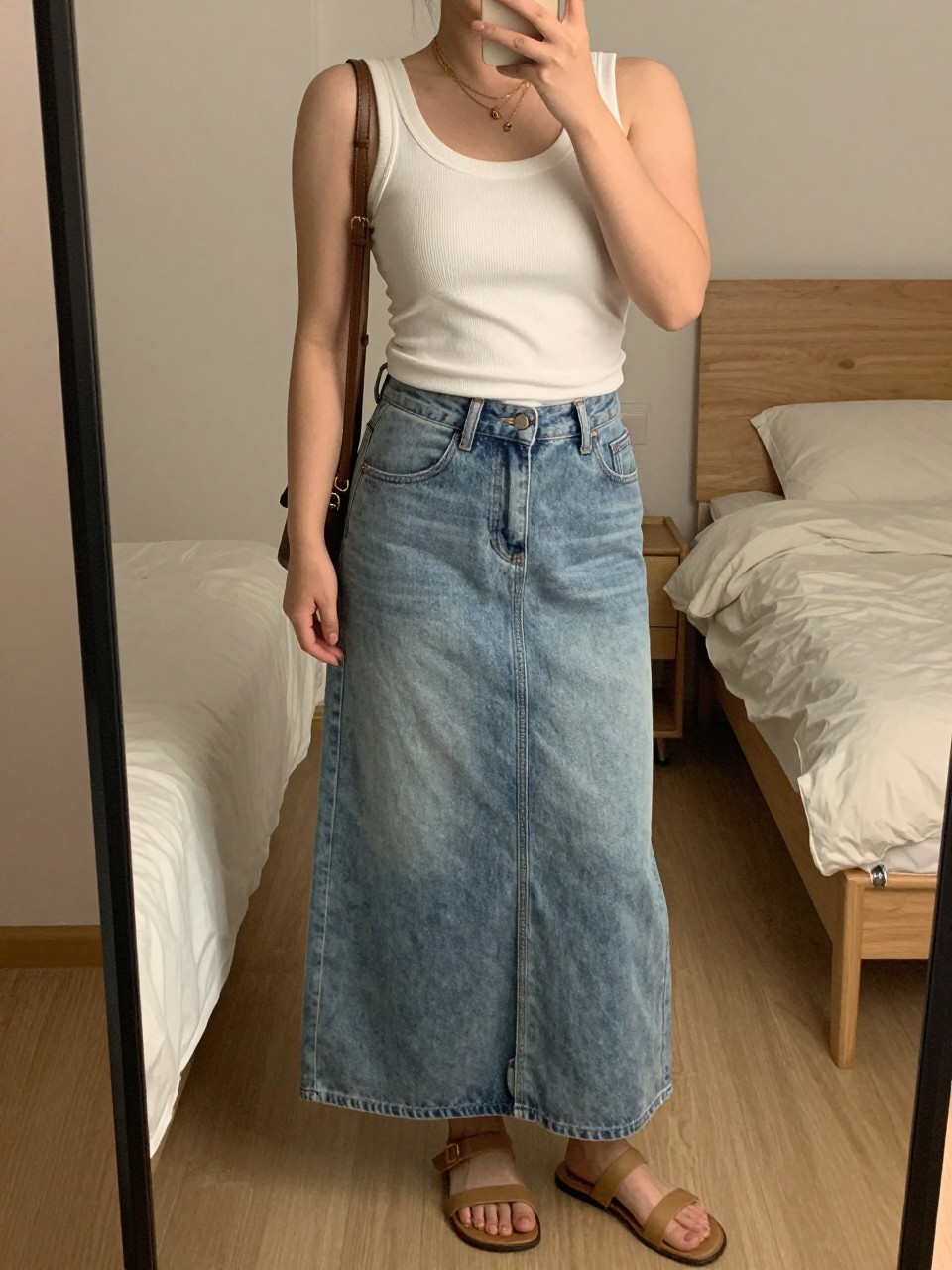 mirror selfie of a curvy woman wearing a white fitted ribbed tank top tucked into a light-wash denim maxi skirt with layered gold necklaces and flat tan leather sandals, holding a small crossbody bag, standing in a relaxed minimalist pose, cropped at NECK so face doesn't show, in a feminine-themed bedroom, warm moody lighting, iPhone photo quality.