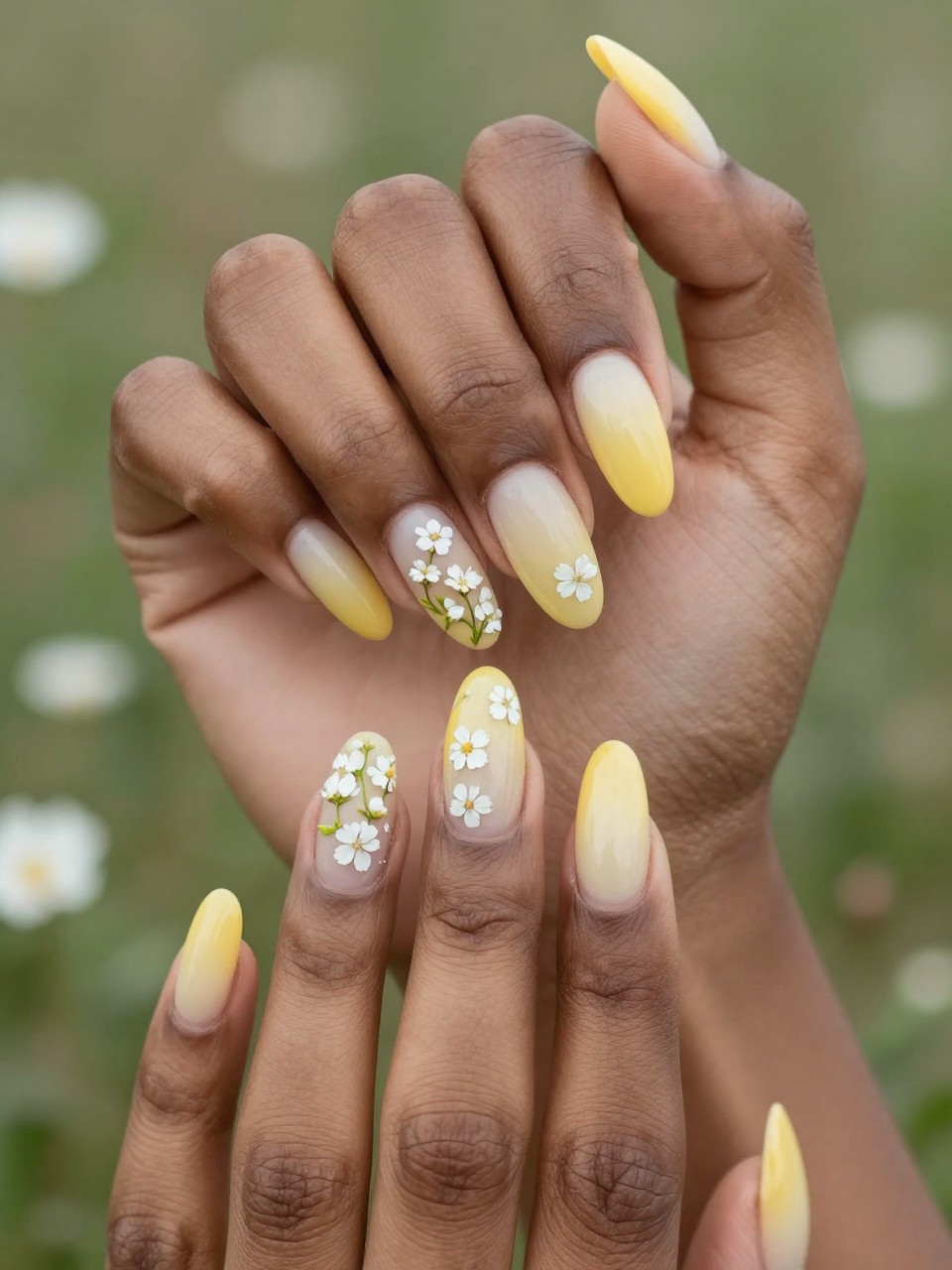 Angled view of black feminine hands with long nails. The nails show a smooth yellow-to-cream ombré. A dusting of miniature white wildflowers is painted across each nail. The effect is like a soft-focus summer meadow.