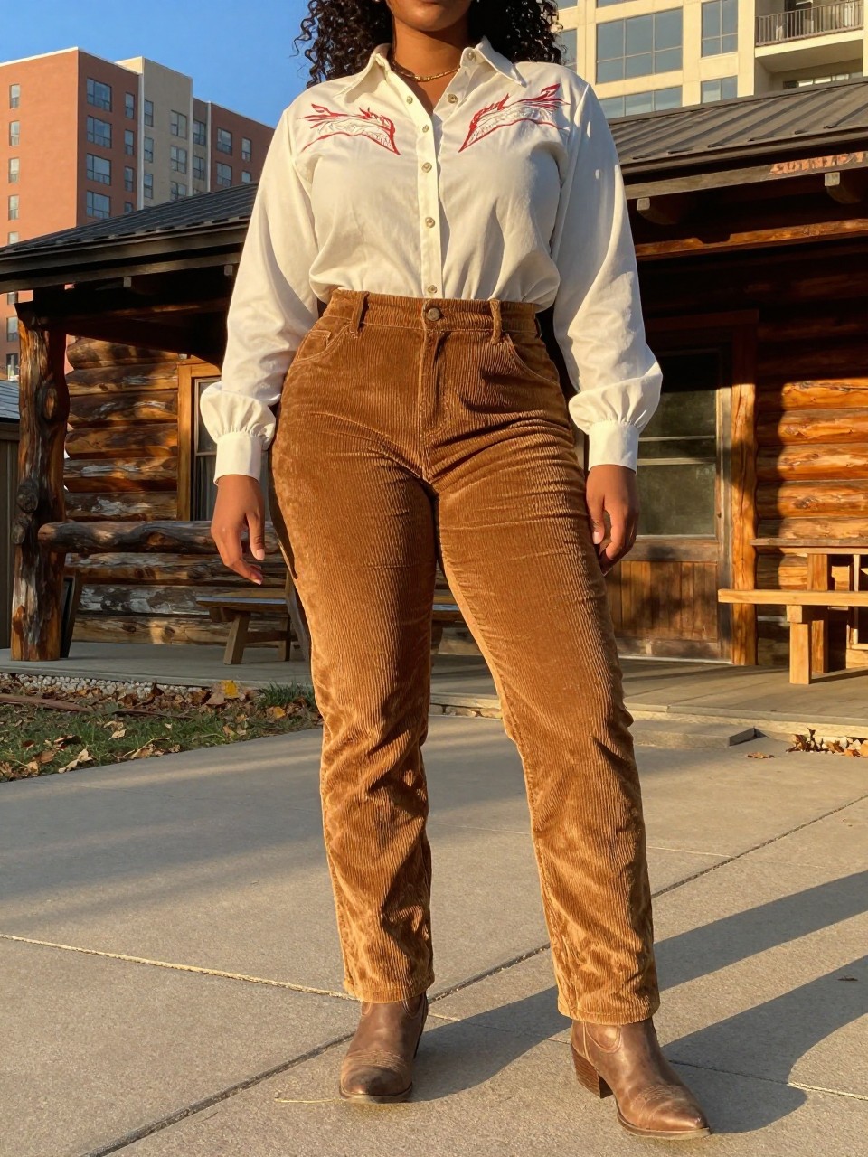 photo of a curvy black woman in corduroy pants and a Western blouse with cowboy boots, standing at a rustic cabin or fall venue, cropped at NECK so face doesn't show, in a city apartment, evening golden hour, iPhone photo quality.
