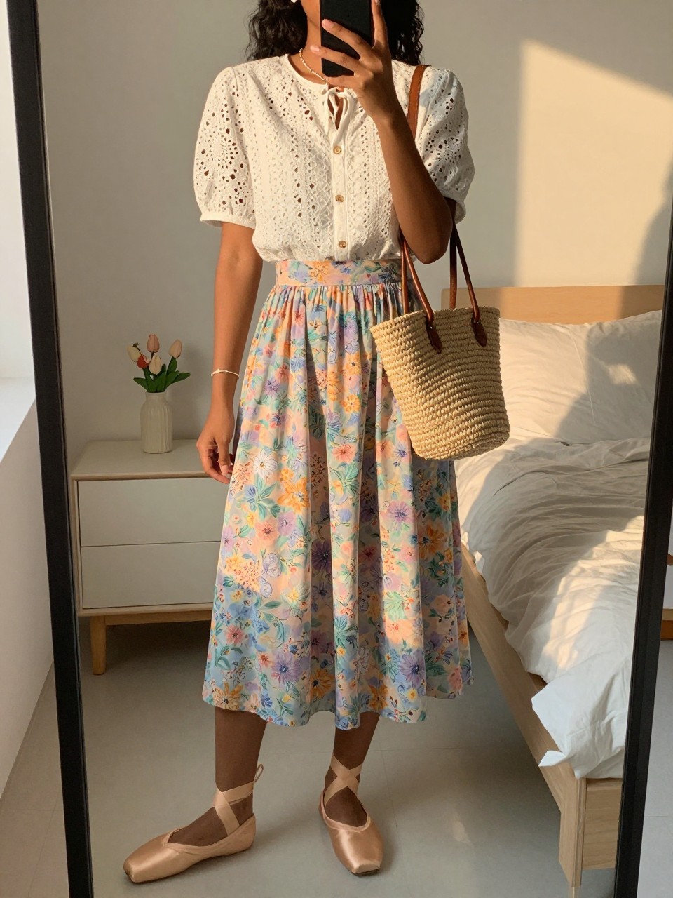 iPhone mirror selfie of a black woman in a white eyelet blouse and a pastel floral midi skirt with ballet flats, gently holding her straw bag, cropped at NECK so face doesn't show, in a feminine-themed bedroom, evening golden hour, iPhone photo quality.