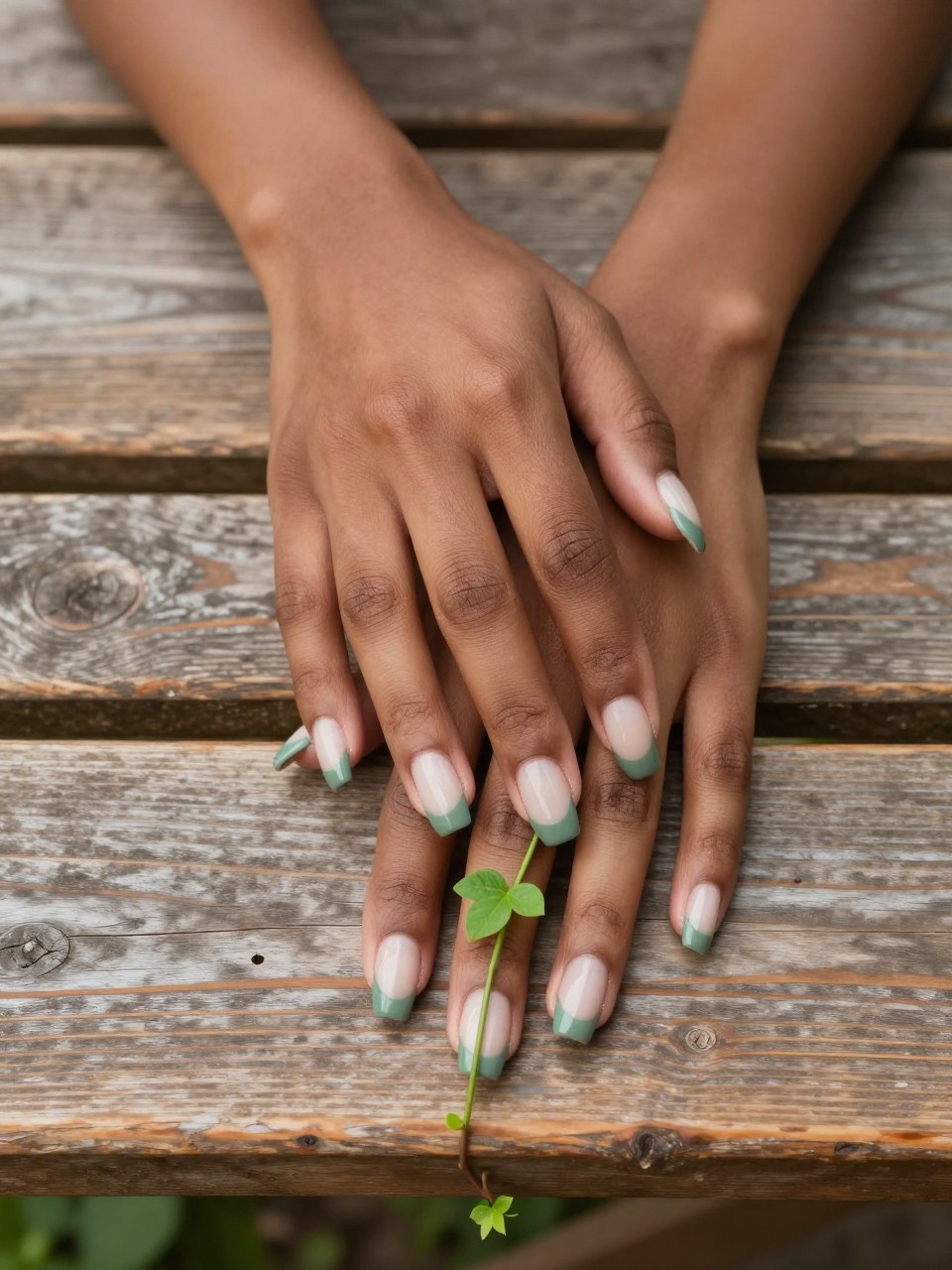 Overhead shot of black feminine hands with long, natural nails on a wooden garden table. The nails have a sage green French tip. A single, thin vine with three small leaves grows from the tip down the nail. The look is clean, organic, and serene.