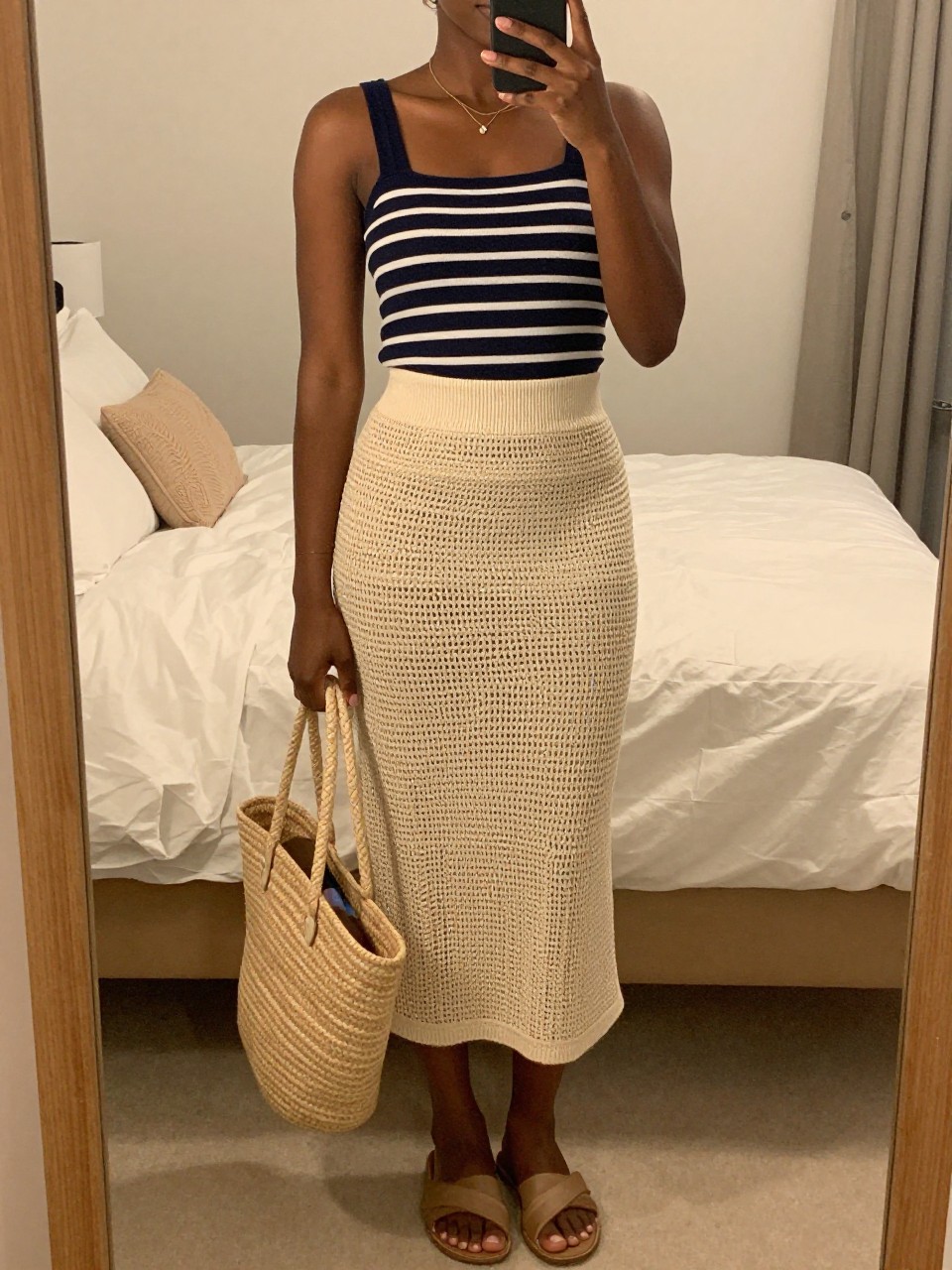 mirror selfie of a black woman wearing a navy striped boatneck top tucked into a natural crochet midi skirt with flat tan sandals and a straw tote, one hand holding her phone at her side, cropped at NECK so face doesn't show, in a feminine-themed bedroom, warm moody lighting, iPhone photo quality.