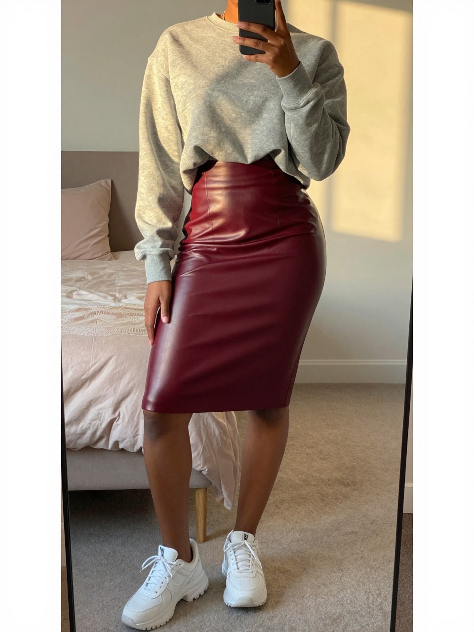 mirror selfie of a black woman wearing a gray sweatshirt half-tucked into a shiny maroon leather pencil skirt with chunky white sneakers, holding her phone down by her thigh, cropped at NECK so face doesn't show, in a feminine-themed bedroom, evening golden hour, iPhone photo quality.