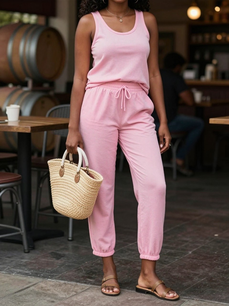 Photo of a black woman in a pink matching set and flat sandals with a straw bag, standing at an outdoor cafe or market, cropped at NECK so face doesn't show, at a winery, warm moody lighting, iPhone photo quality.