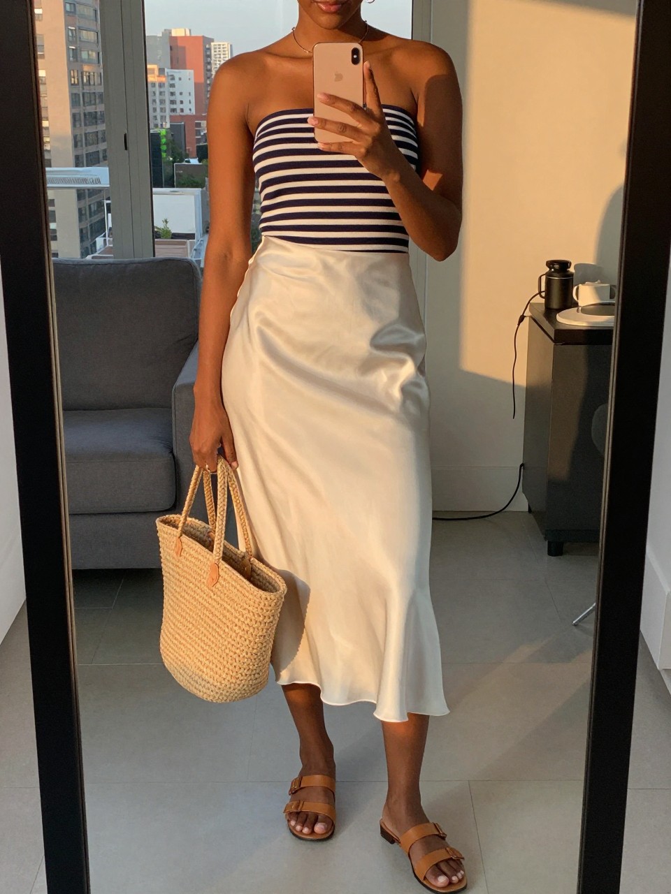 iPhone mirror selfie of a black woman wearing a navy striped boatneck top tucked into a cream satin midi skirt with flat tan leather sandals and a straw tote bag, one hand holding her phone at chest level, cropped at NECK so face doesn't show, in a city apartment, evening golden hour, iPhone photo quality.