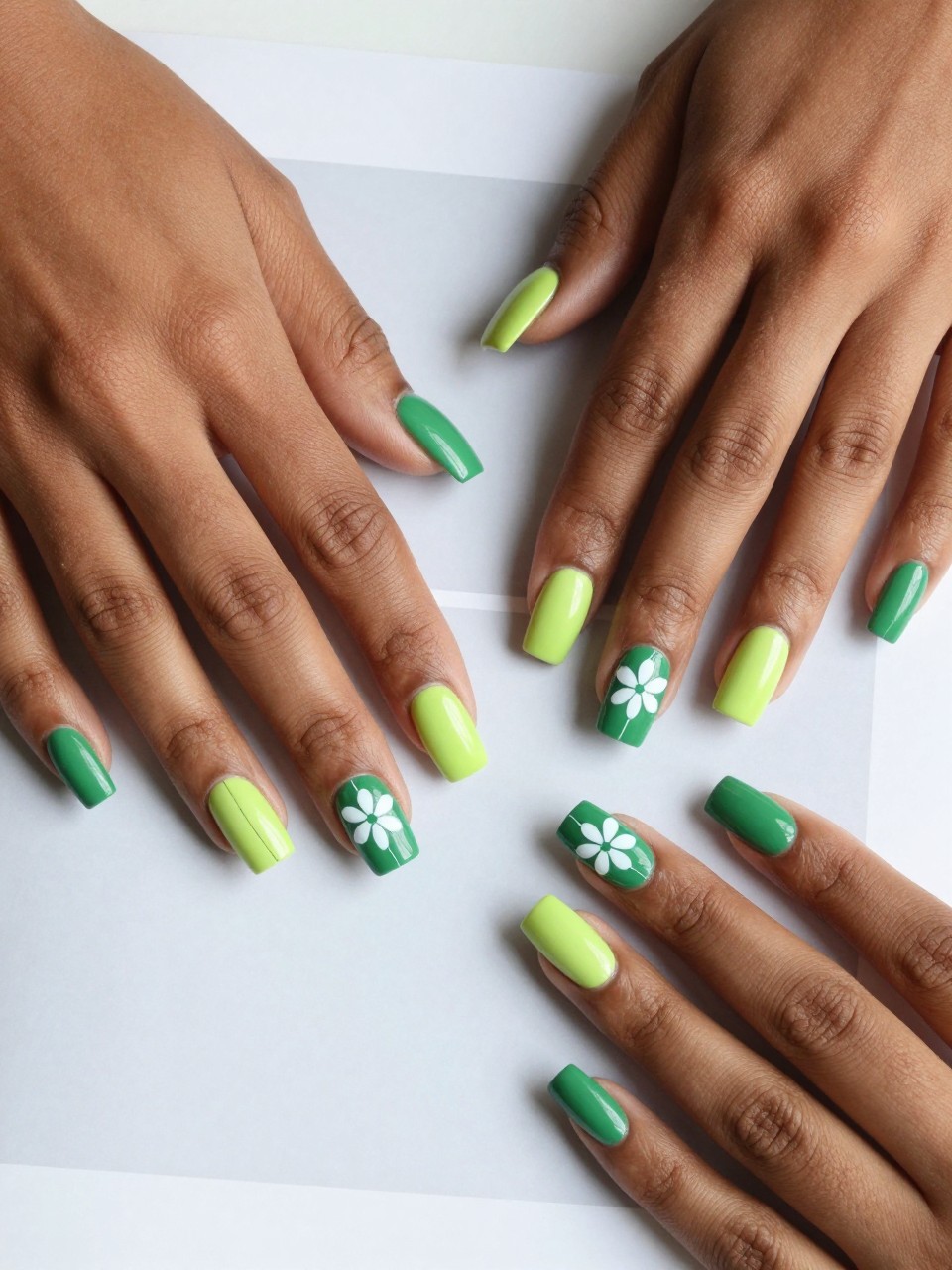 Top-down view of black feminine hands with square nails on a modern design magazine. Each nail is split diagonally: one half lime green, the other half forest green. A simple, geometric white flower is painted at the seam of each nail. The look is crisp and contemporary.