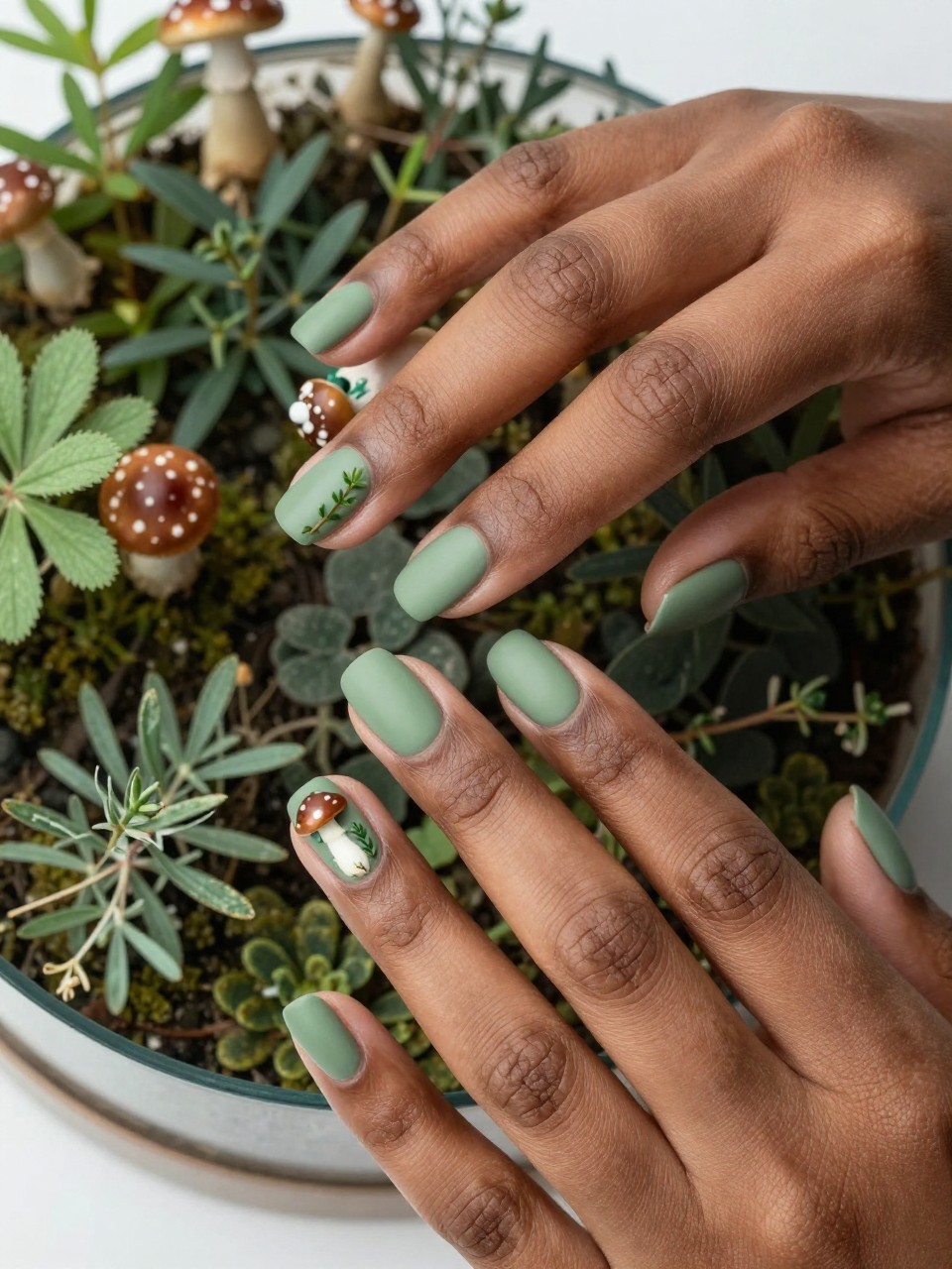 Close-up, bird's-eye view of black feminine hands with short, rounded nails near a terrarium. The nails are a matte moss green. Each nail features tiny painted mushrooms and little herb sprigs. The scene is whimsical, detailed, and enchantingly natural.