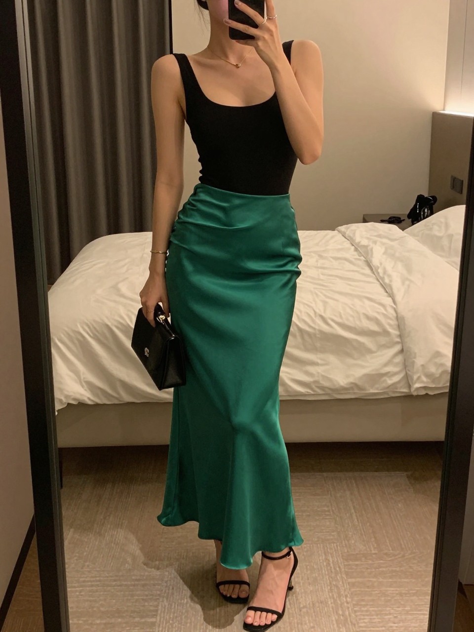 iPhone mirror selfie of a woman wearing a black scoop-neck bodysuit tucked into an emerald green satin maxi skirt with black strappy heeled sandals and a small black clutch, standing in an elegant evening pose, cropped at NECK so face doesn't show, in a feminine-themed bedroom, warm moody lighting, iPhone photo quality.