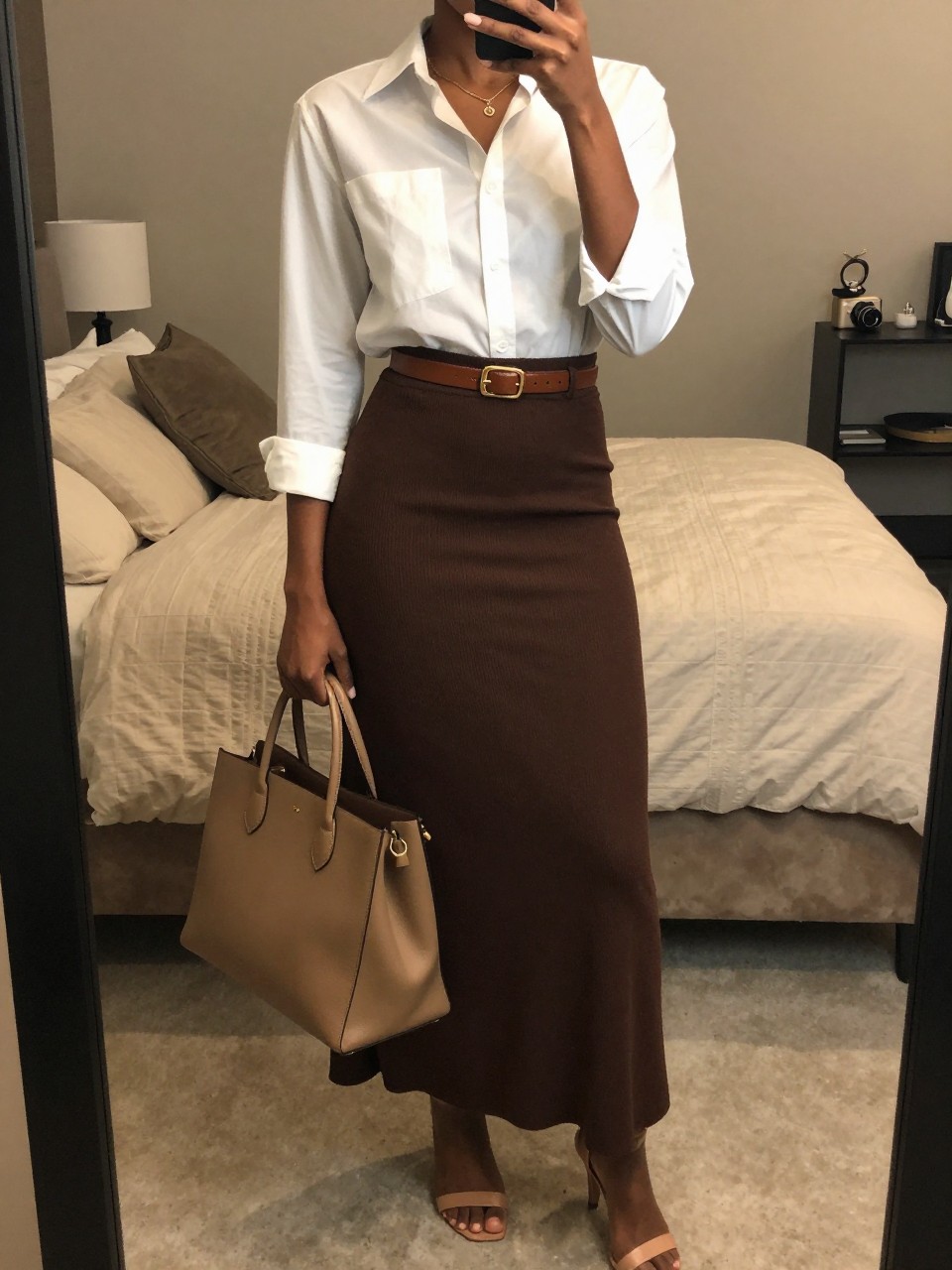 mirror selfie of a black woman wearing a crisp white button-down shirt with rolled sleeves tucked into a chocolate brown jersey maxi skirt with a brown leather belt and nude heeled sandals, holding a structured tan tote, standing in an elegant casual pose, cropped at NECK so face doesn't show, in a feminine-themed bedroom, warm moody lighting, iPhone photo quality.