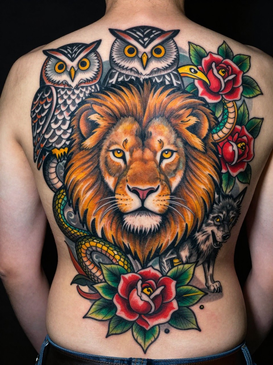 Crowded, vibrant back piece tattoo: A central lion head surrounded by an owl, a coiled snake, and a prowling wolf, all connected by elaborate scrollwork and roses. Thick black outlines, saturated jewel tones."