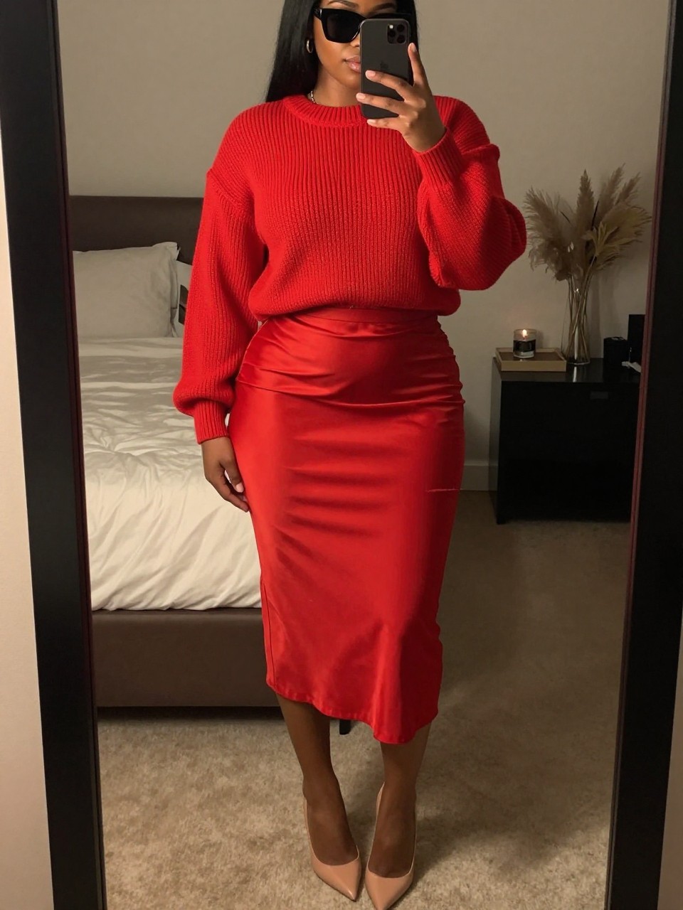mirror selfie of a black curvy woman wearing a red fine-knit sweater tucked into a matching red satin midi skirt creating a monochrome look, with nude pointed heels and large black statement sunglasses, standing in a confident fashion-forward pose, cropped at NECK so face doesn't show, in a feminine-themed bedroom, warm moody lighting, iPhone photo quality.