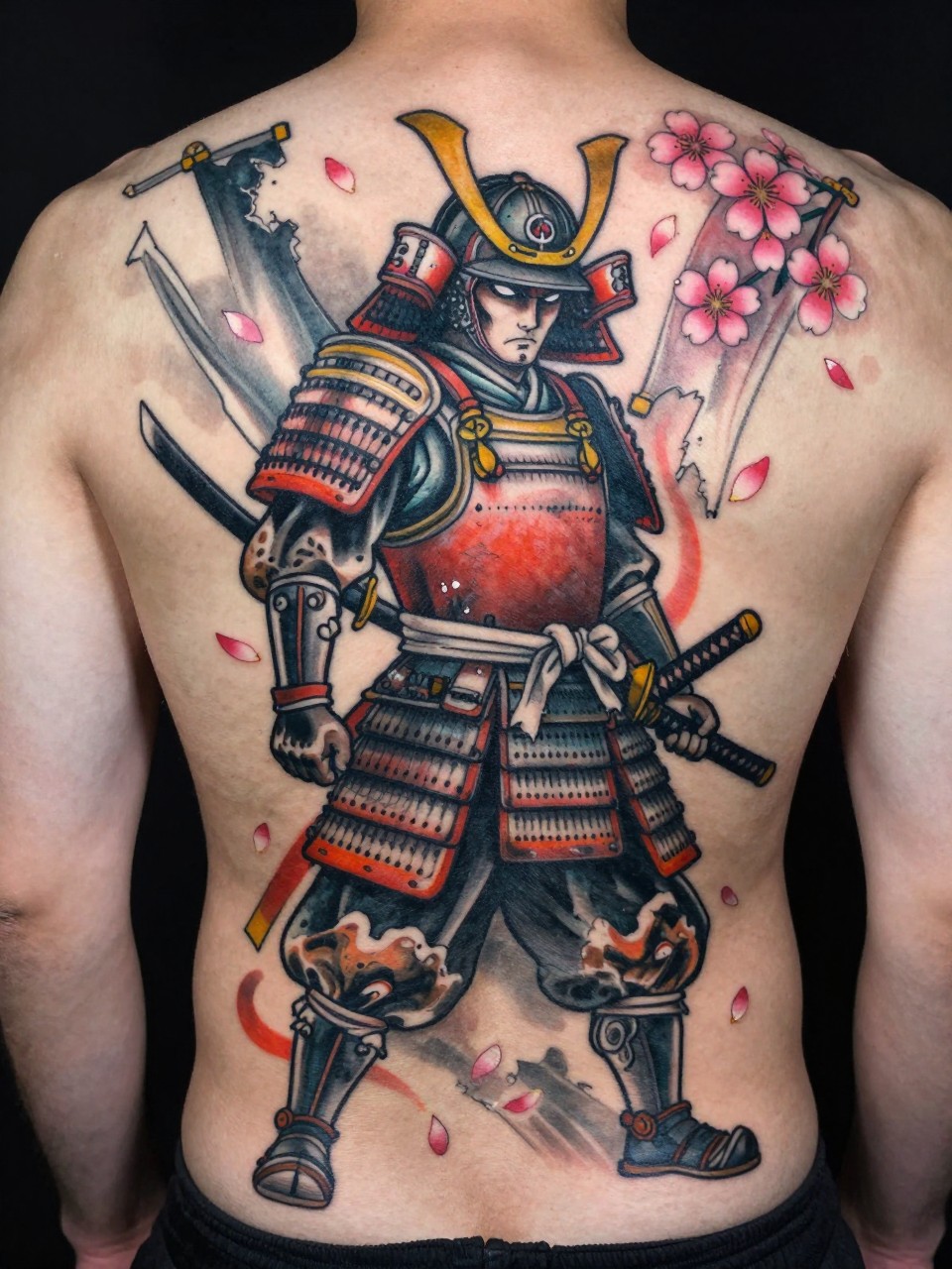 Dynamic back piece tattoo: A samurai tattoo in tattered armor, katana held ready, standing firm. Torn banners and swirling cherry blossom petals fill the negative space. A mix of bold color on the armor and soft background washes.