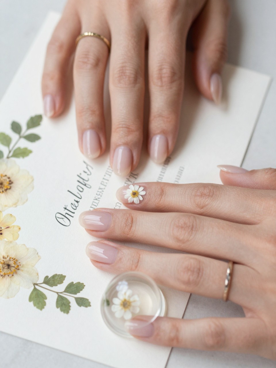 Macro, top-down view of a bride’s hands over a page of her pressed-flower wedding invitations. The nails are a clear glossy nude and the ring finger nail has real, delicate pressed white flowers and greenery perfectly preserved under a glass-like dome. The detail is exquisite and personal.