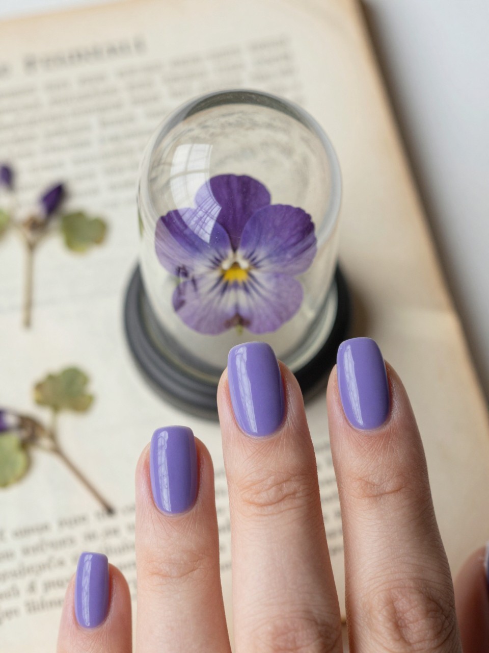 Close-up of a ring finger nail over an old botanical book. The base is periwinkle. A real, delicate pressed purple violet is perfectly preserved under a glass-like dome. The other nails are plain periwinkle.