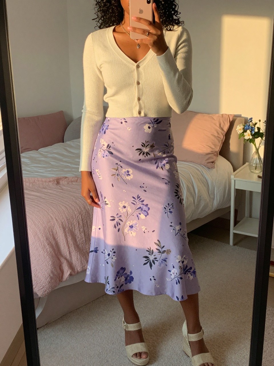 iPhone mirror selfie of a black woman in a cream cropped cardigan and a lavender floral skirt with espadrille wedges, holding her phone up to take a mirror pic, cropped at NECK so face doesn't show, in a feminine-themed bedroom, evening golden hour, iPhone photo quality.