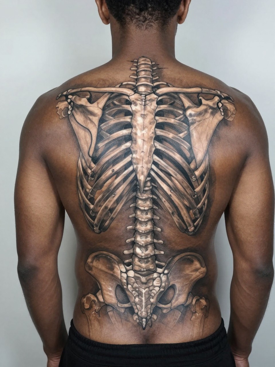 Full back black man view: A detailed tattoo of the human skeletal system on the back, It is rendered in fine, precise grey and white ink for a ghostly, anatomical chart effect."