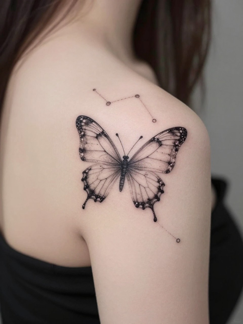 Top-down view tattoo: a constellation-style butterfly on the shoulder cap, made from fine dots and faint connecting lines. Ethereal and delicate.