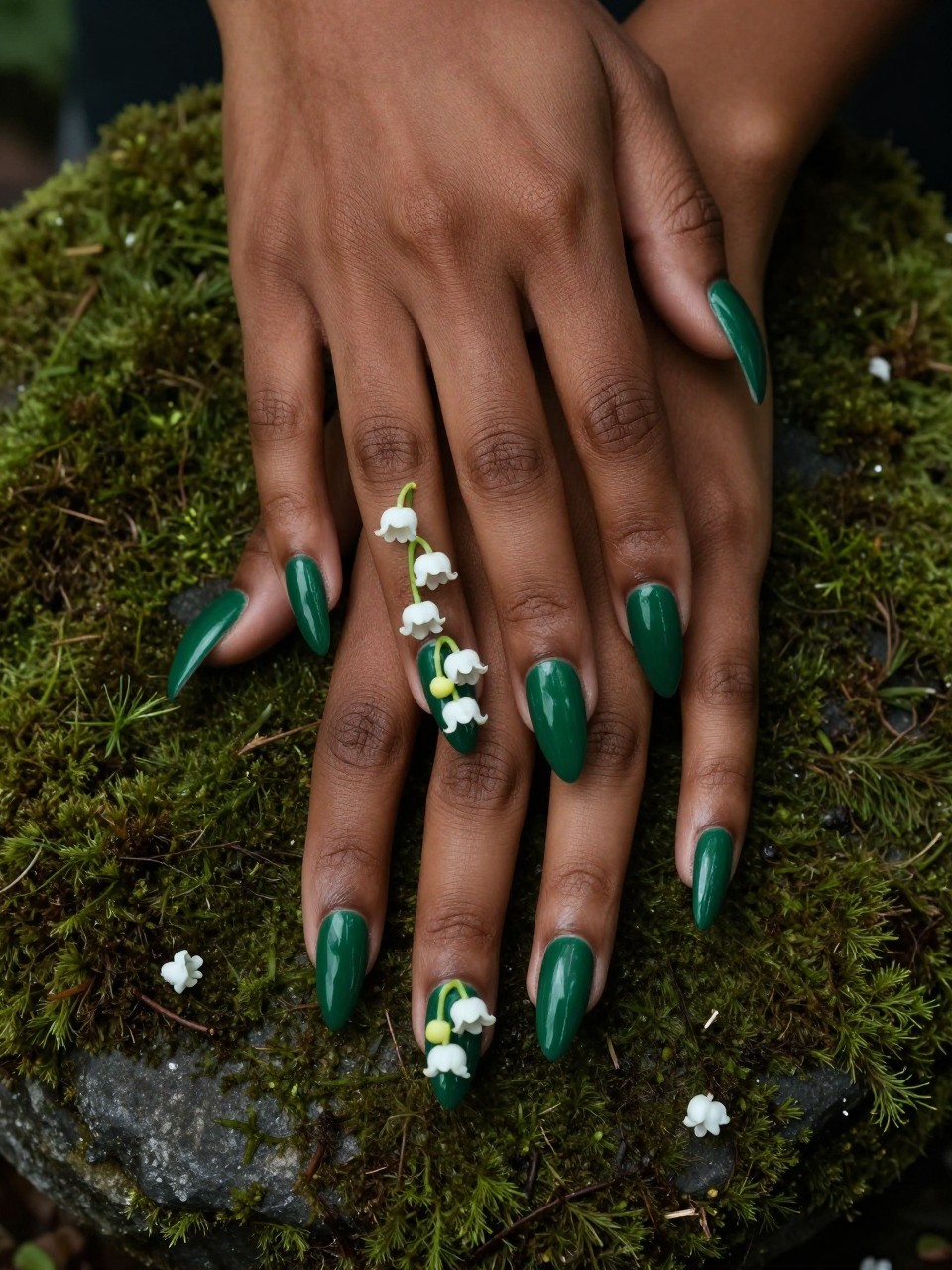 Overhead shot of black feminine hands with long, tapered nails resting on a dark mossy stone. The nails are a glossy forest green. Delicate strands of white bell-shaped lily of the valley flowers are painted trailing down each nail. The mood is serene and elegant.