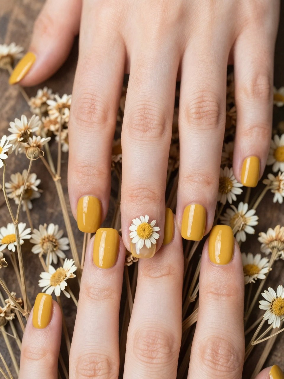 Macro, top-down view of hands over a dried flower arrangement. The nails are matte mustard yellow. The ring fingers have a real, delicate pressed daisy or chamomile encapsulated under a domed glossy top coat. The look is organic and thoughtful.