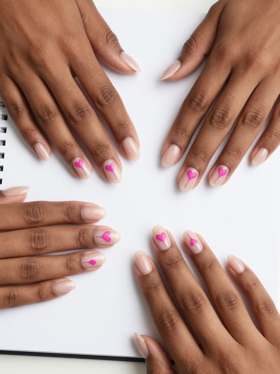 Overhead view of black feminine hands with pristine natural nails on a white sketchpad. On each nail, a single, tiny pink heart is drawn on the side, with a thin line connecting it to the cuticle like a balloon string. The look is clean, modern, and artistic.