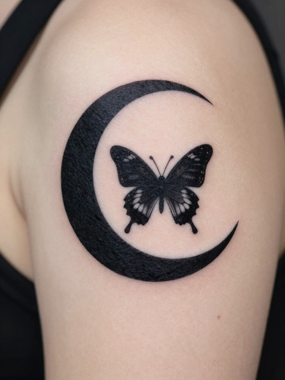 Macro photograph of the shoulder tattoo: a solid black crescent moon, with a butterfly silhouette cut out from its surface. High-contrast and modern."