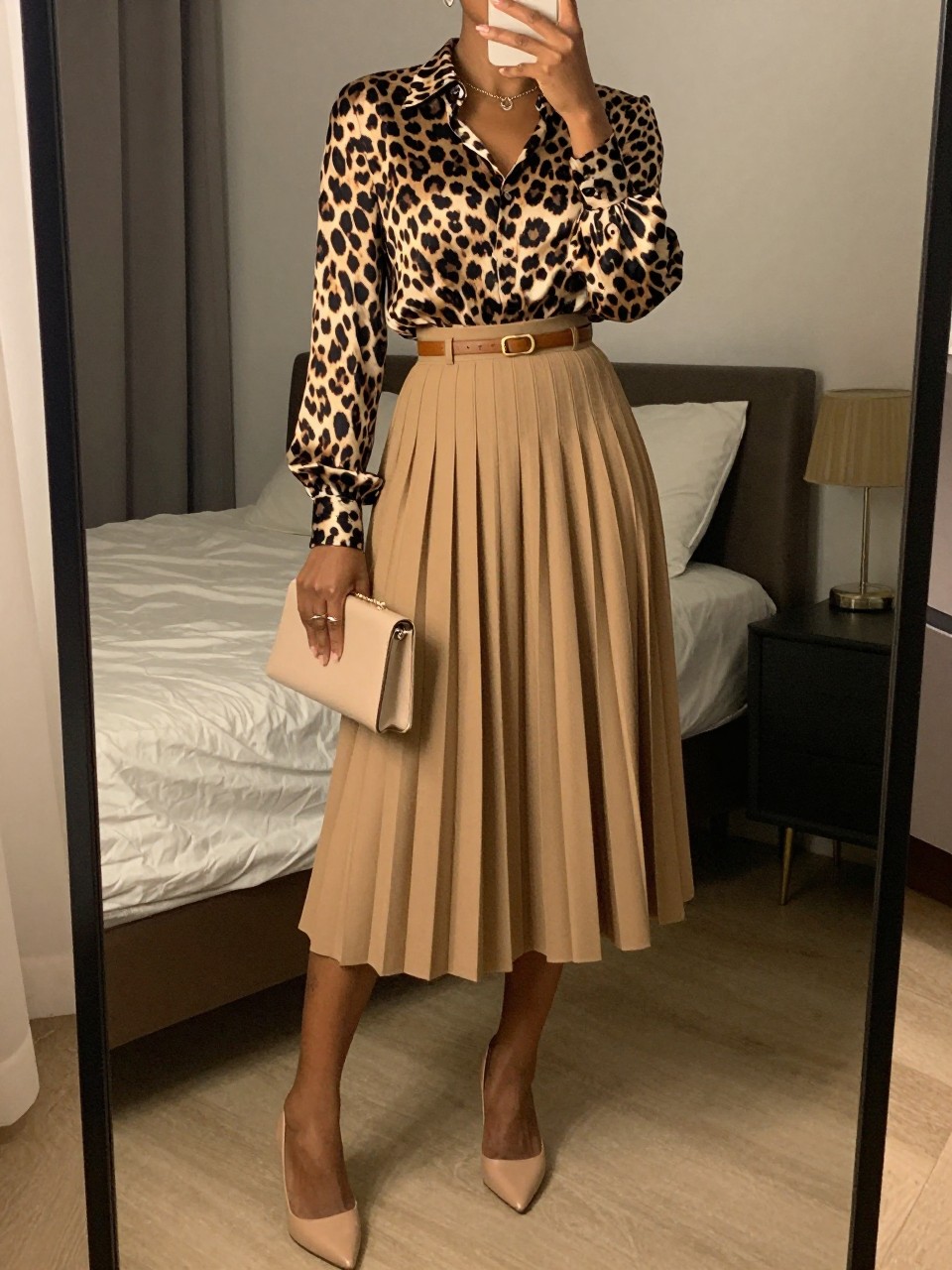 iPhone mirror selfie of a black woman wearing a leopard print silk blouse tucked into a camel pleated midi skirt with nude pointed heels and a thin brown belt, holding a small nude clutch, standing in an elegant pose, cropped at NECK so face doesn't show, in a feminine-themed bedroom, warm moody lighting, iPhone photo quality.