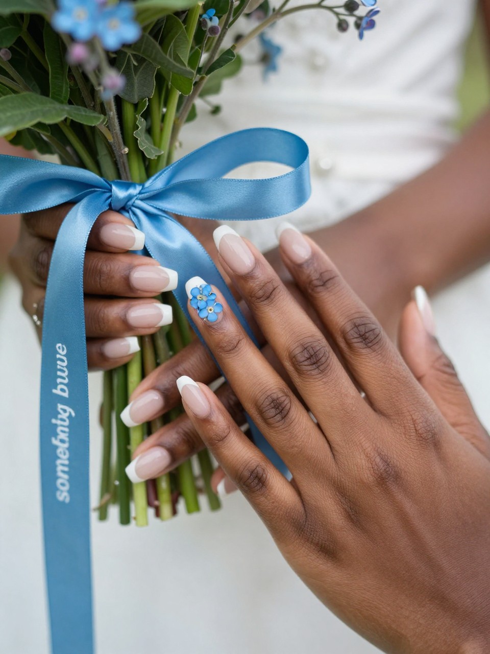 Close-up of a black feminine bride’s hands, with the "something blue" nail placed next to a blue satin ribbon tied to her bouquet. The nails are sheer nude. One accent nail has a cluster of tiny blue forget-me-nots. The detail is personal and delicate.