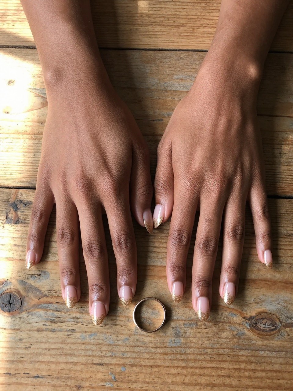 Bird's-eye view of black feminine hands laid flat on a rustic wooden table, a simple wedding band placed nearby. The oval nails have a sheer, warm blush base. A whisper of gold-champagne glitter is densest at the free edge, fading towards the middle. Morning light streams in a window, making the glitter sparkle softly.