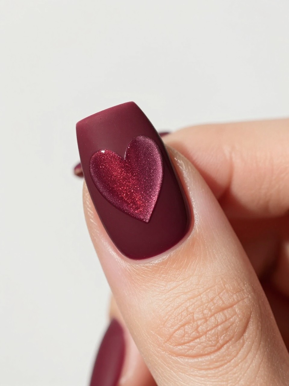 Side-angle shot of a black feminine nail under light. The base of the nail design is a matte burgundy. A glossy, shimmering cat eye heart sits raised on the surface, casting a slight shadow. The contrast between matte and glossy sparkle is pronounced.