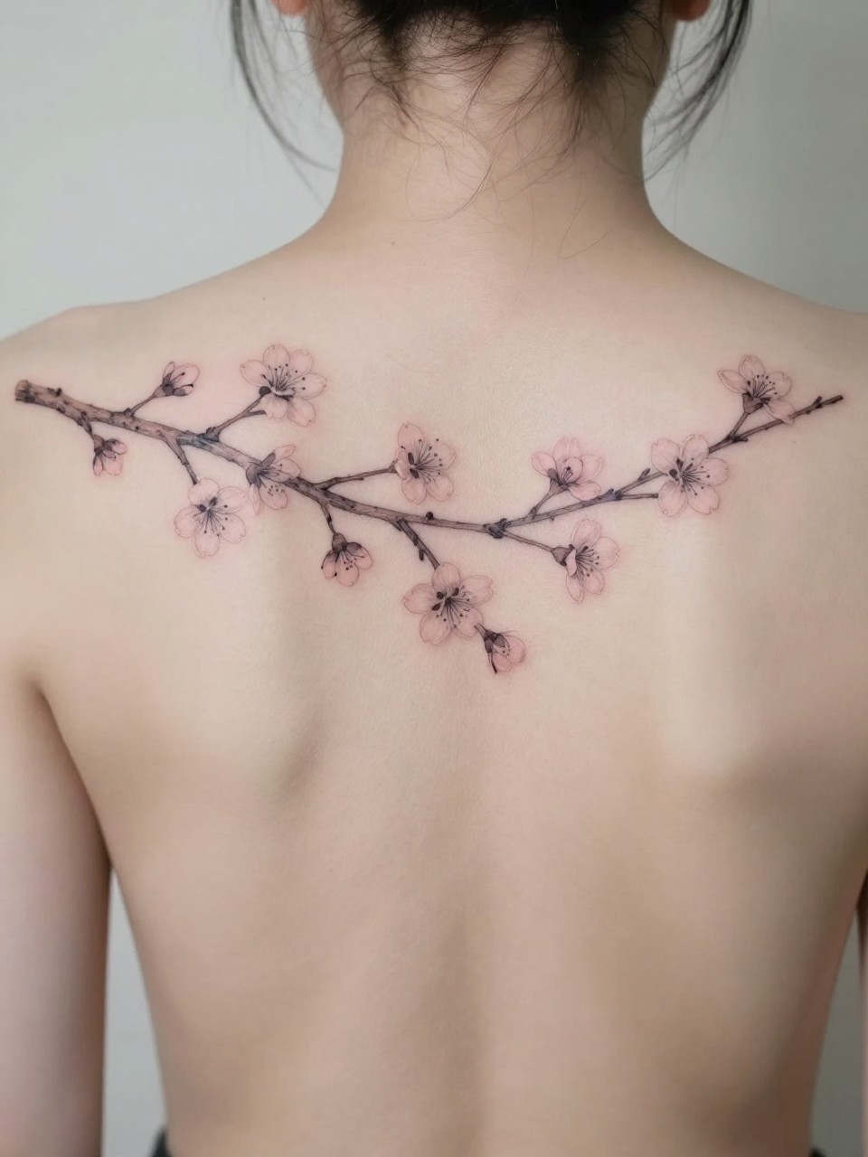Back view tattoo: a fine-line cherry blossom branch stretching horizontally across the upper back. The branch is thin, the blossoms sparse and delicate in soft pink and grey."
