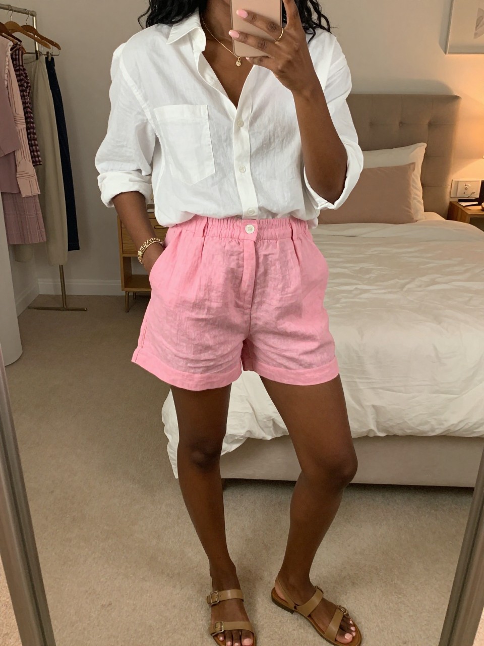 iPhone mirror selfie of a black woman in pink linen shorts and a white button-down with tan sandals, standing with one hand in pocket, cropped at NECK so face doesn't show, in a feminine-themed bedroom, warm moody lighting, iPhone photo quality.