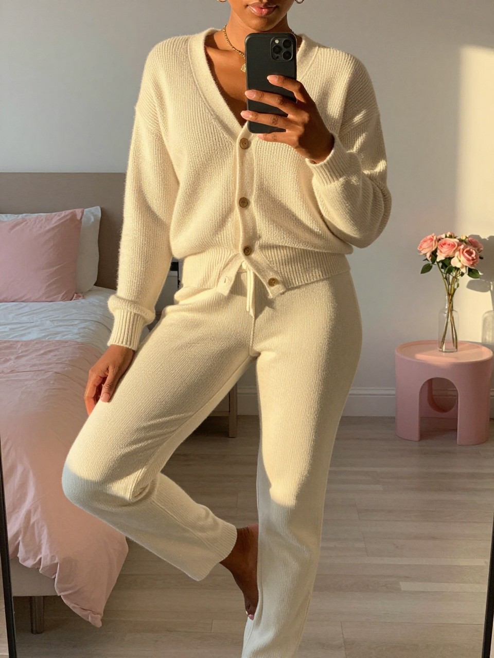 mirror selfie of a Black woman wearing a cream knit cardigan and matching pants, standing with her weight on one leg and phone low, cropped at NECK so face doesn't show, in a bright feminine-themed bedroom, evening golden hour light, iPhone photo quality.