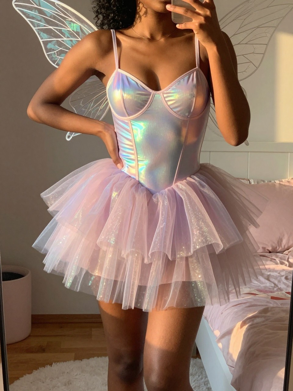 mirror selfie of a black woman wearing an iridescent bodysuit with a layered pastel sparkly tulle fairy skirt and delicate wire fairy wings, one hand on her hip, cropped at NECK so face doesn't show, in a feminine-themed bedroom, evening golden hour, iPhone photo quality.