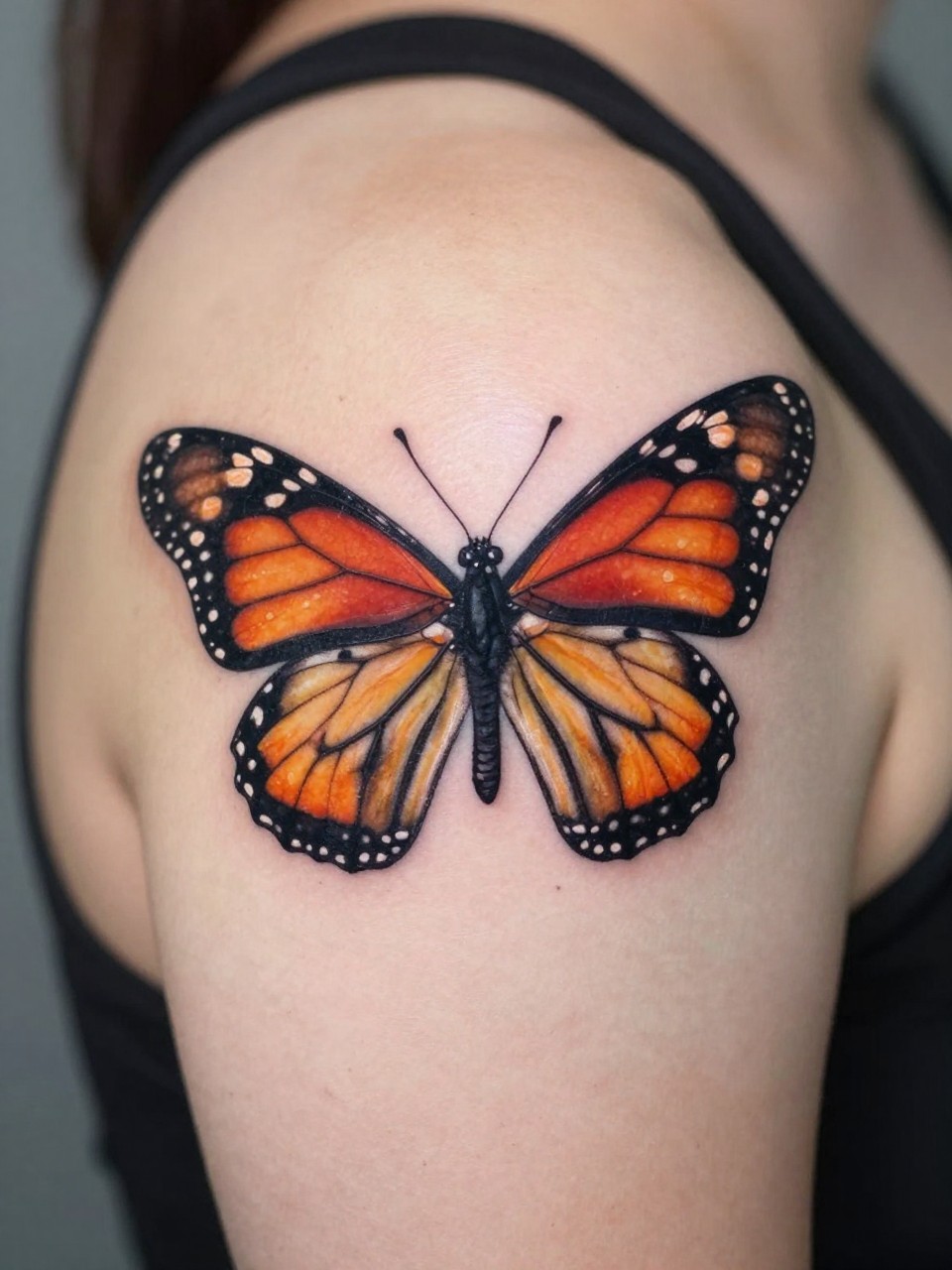 Close-up of a shoulder tattoo from above: a detailed monarch butterfly centered on the shoulder cap, wings fully spread. The design follows the natural curve of the muscle, with clean, vibrant colors against bare skin."