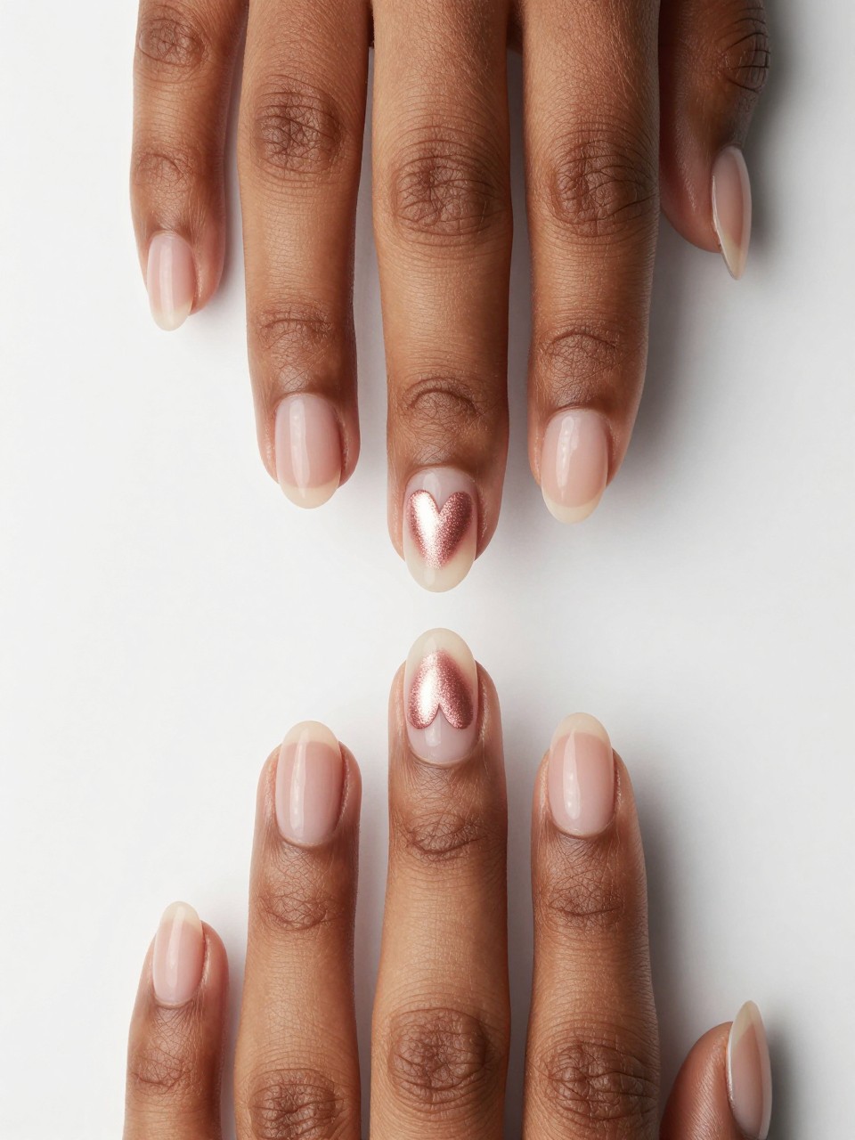 Overhead shot of black feminine hands with clean, natural-length nails. A single, dimensional cat eye heart in rose gold appears to float in the center of each sheer nude nail. The look is minimalist yet full of captivating detail.