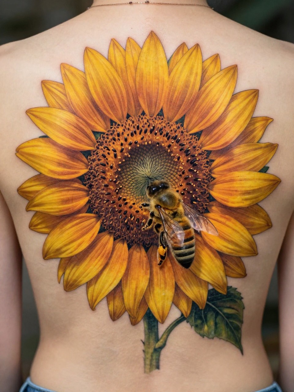 "Mid-back center tattoo: a vibrant, large sunflower with textured seeds. A detailed honeybee, wings slightly blurred, lands on a lower petal. Warm yellow and earthy brown tones."