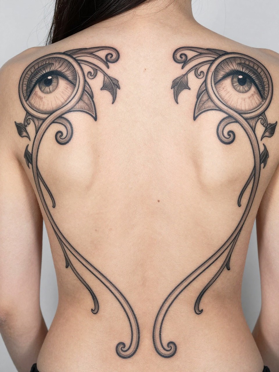 Upper back view tattoo: flowing, whiplash curves of vines form a symmetrical frame. Detailed irises sit at the corners. The style is linear and elegant, reminiscent of Mucha."