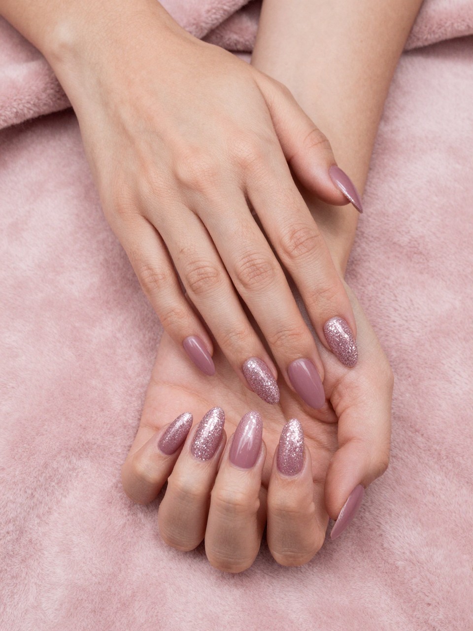 Bird's-eye view of hands laid on a soft, pink mohair blanket. The almond nails have a gradient from a matte dusty rose at the base to tips that are densely packed with fine, sparkling blush glitter. Cozy, soft lighting shows the textural transition.