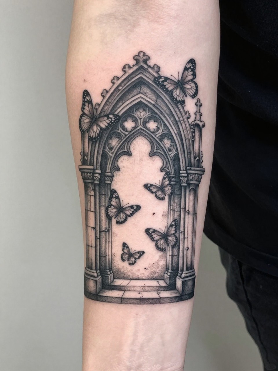 Forearm section tattoo: a detailed, shaded Gothic archway with butterflies fluttering through its opening. Stone texture contrasts with delicate insect wings."